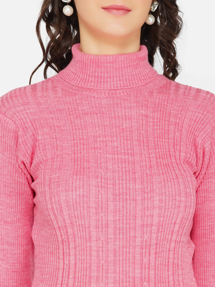 Pink Cable Design High Neck Knitted Sweater