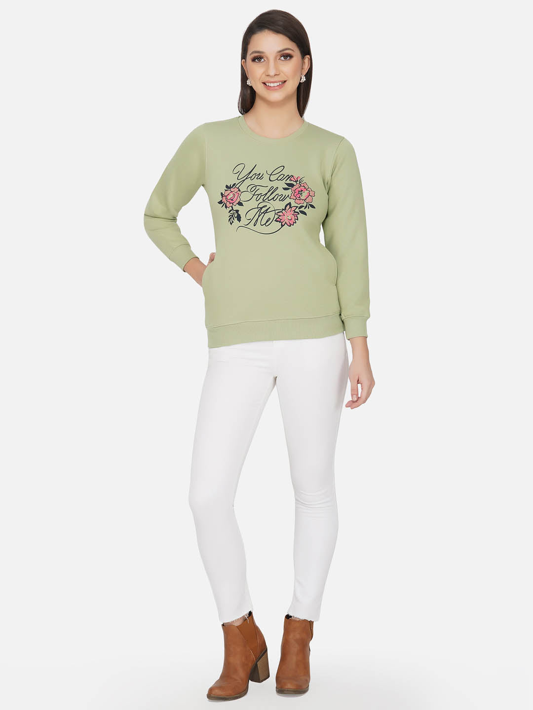 Olive Green Printed Fleece Sweatshirt