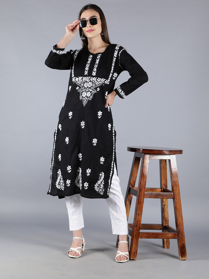 Embroidered Chikankari Black Cotton Kurta