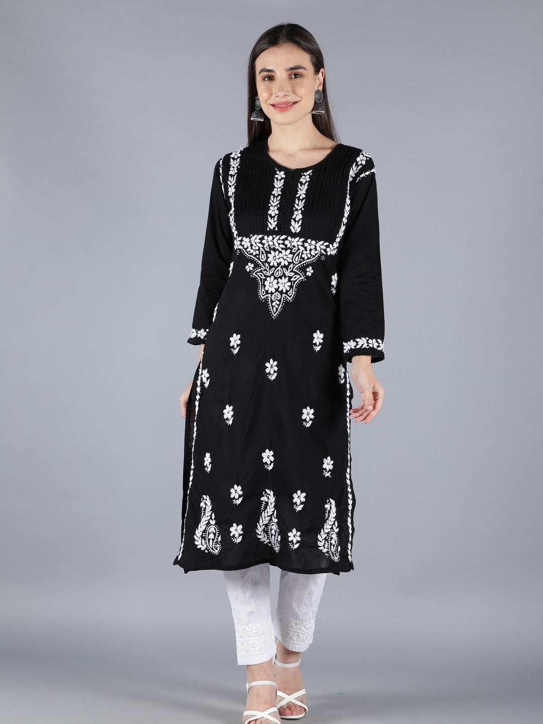 Embroidered Chikankari Black Cotton Kurta