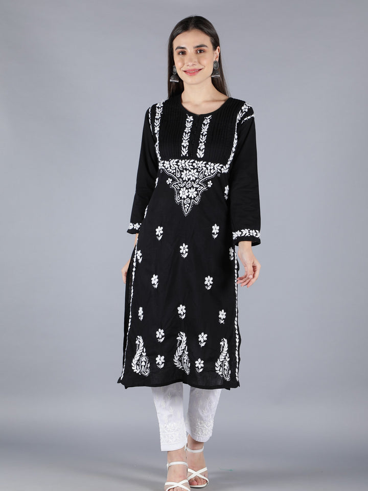 Embroidered Chikankari Black Cotton Kurta