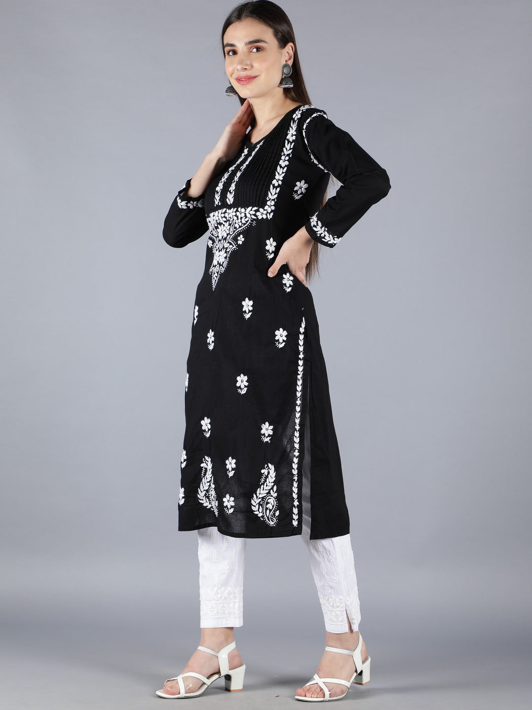Embroidered Chikankari Black Cotton Kurta