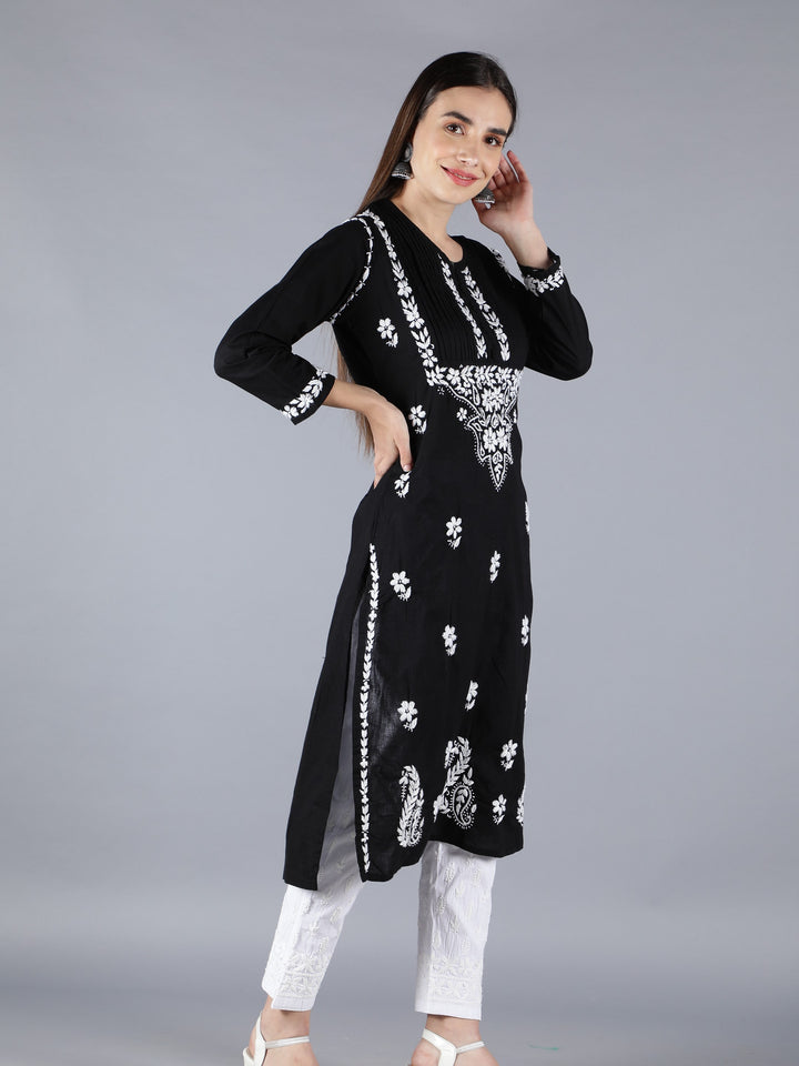 Embroidered Chikankari Black Cotton Kurta