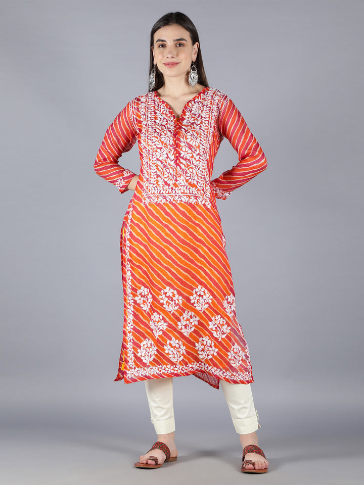 Chikankari Orange Kota Kurta & Trouser Set
