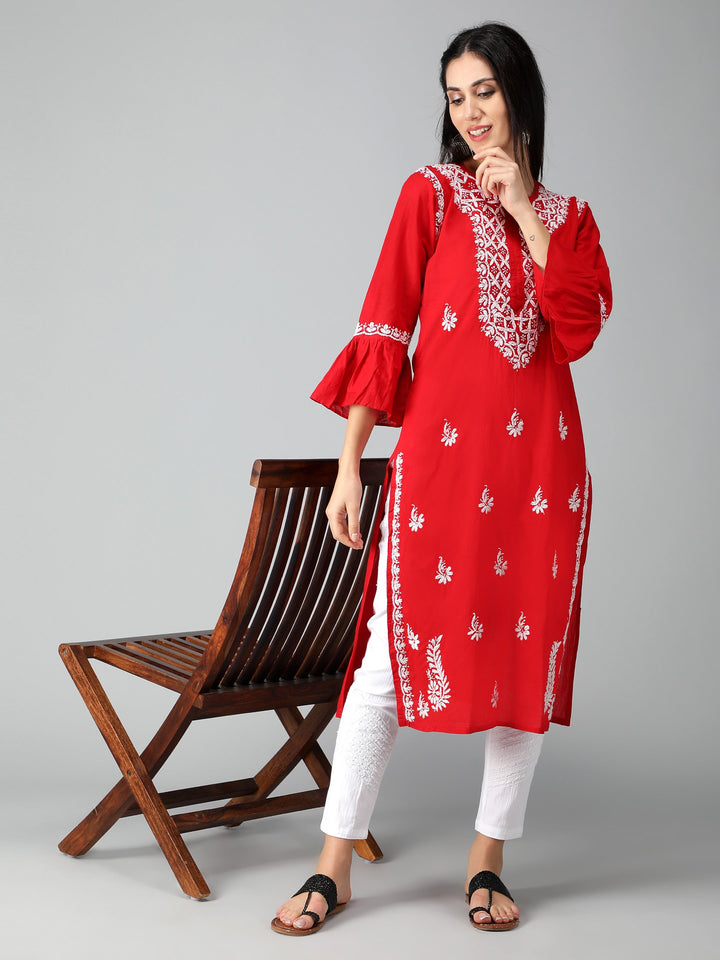 Chikankari-Red-Cotton-Kurta-Kurti