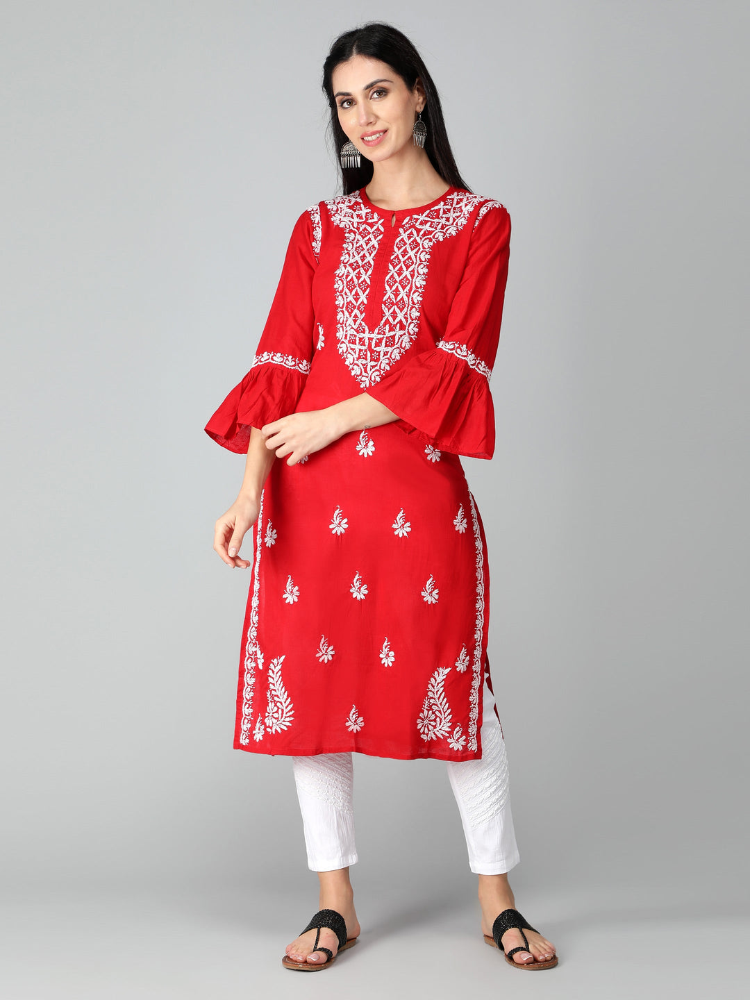Chikankari-Red-Cotton-Kurta-Kurti