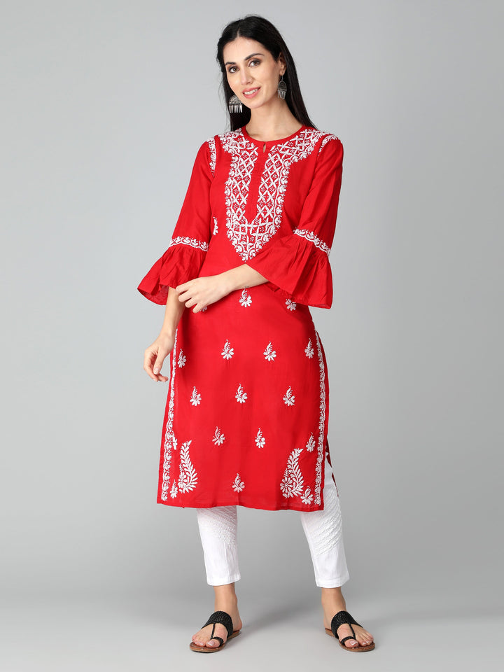 Chikankari-Red-Cotton-Kurta-Kurti