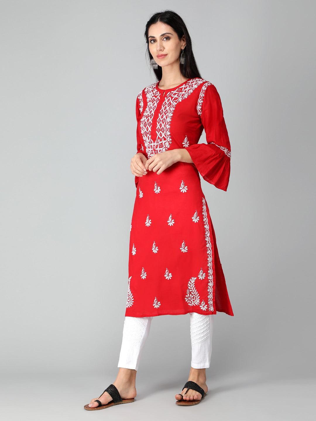 Chikankari-Red-Cotton-Kurta-Kurti