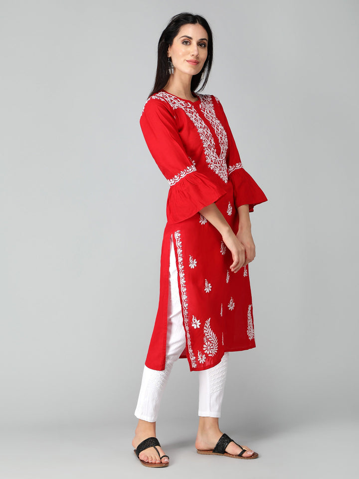 Chikankari-Red-Cotton-Kurta-Kurti