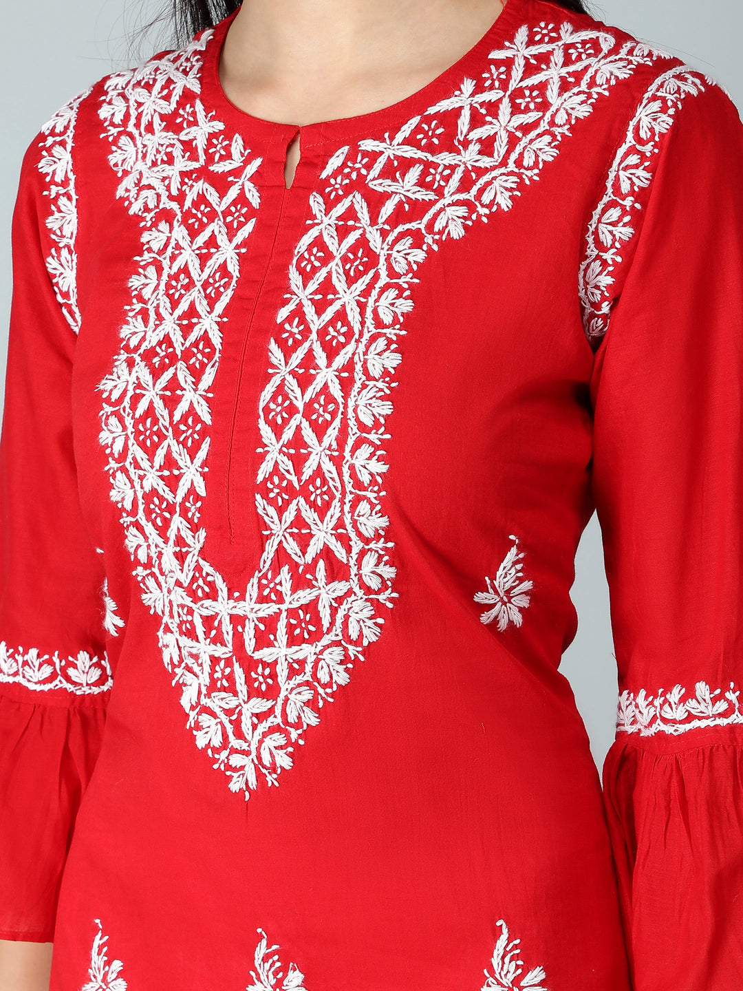 Chikankari-Red-Cotton-Kurta-Kurti