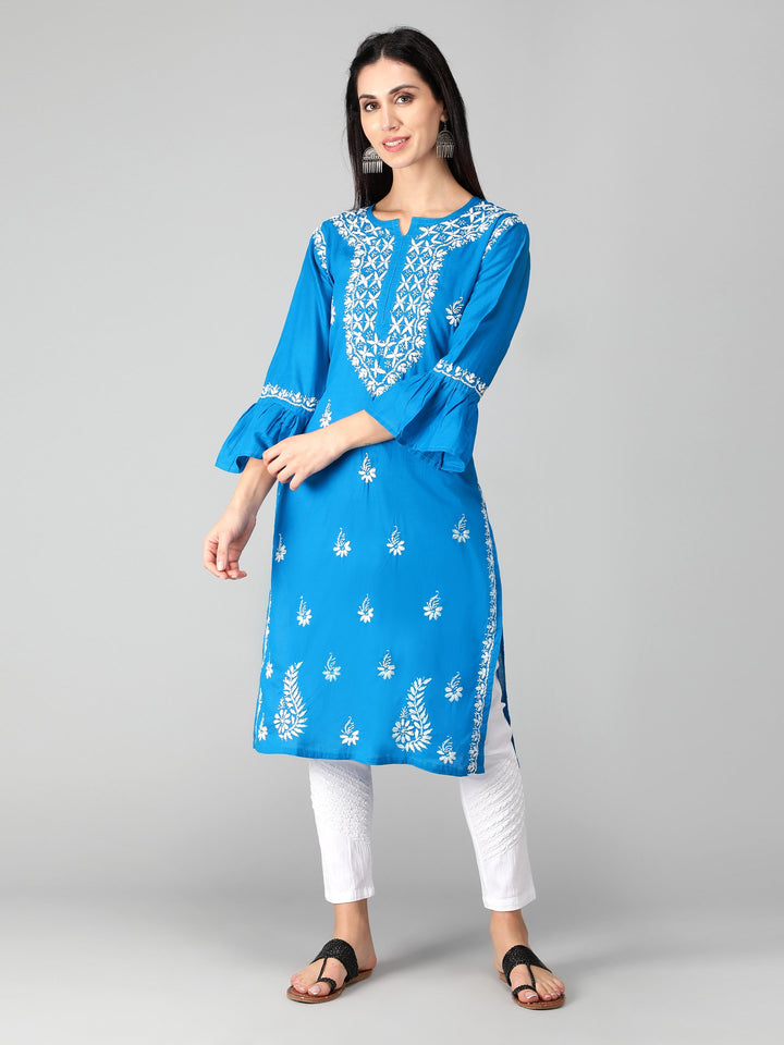 Chikankari-Turquoise-Blue-Cotton-Kurta-Kurti