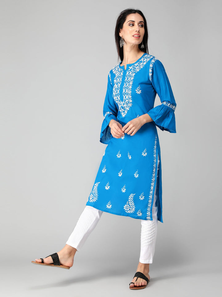 Chikankari-Turquoise-Blue-Cotton-Kurta-Kurti