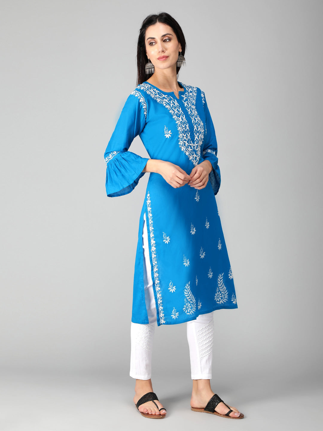 Chikankari-Turquoise-Blue-Cotton-Kurta-Kurti