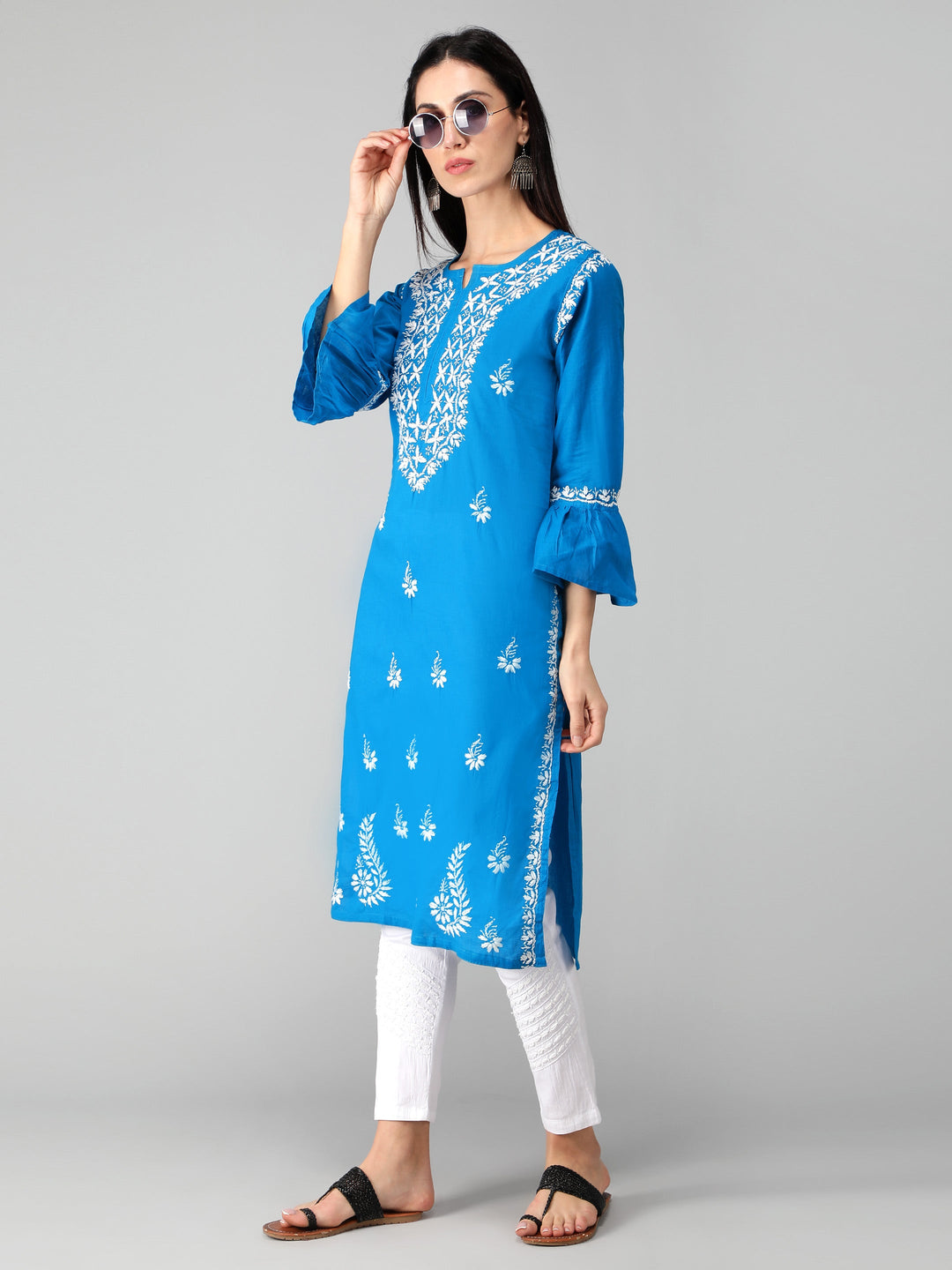 Chikankari-Turquoise-Blue-Cotton-Kurta-Kurti