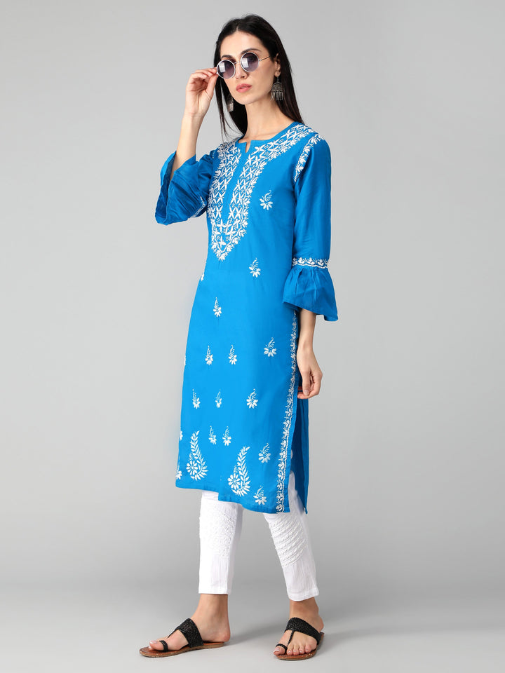 Chikankari-Turquoise-Blue-Cotton-Kurta-Kurti