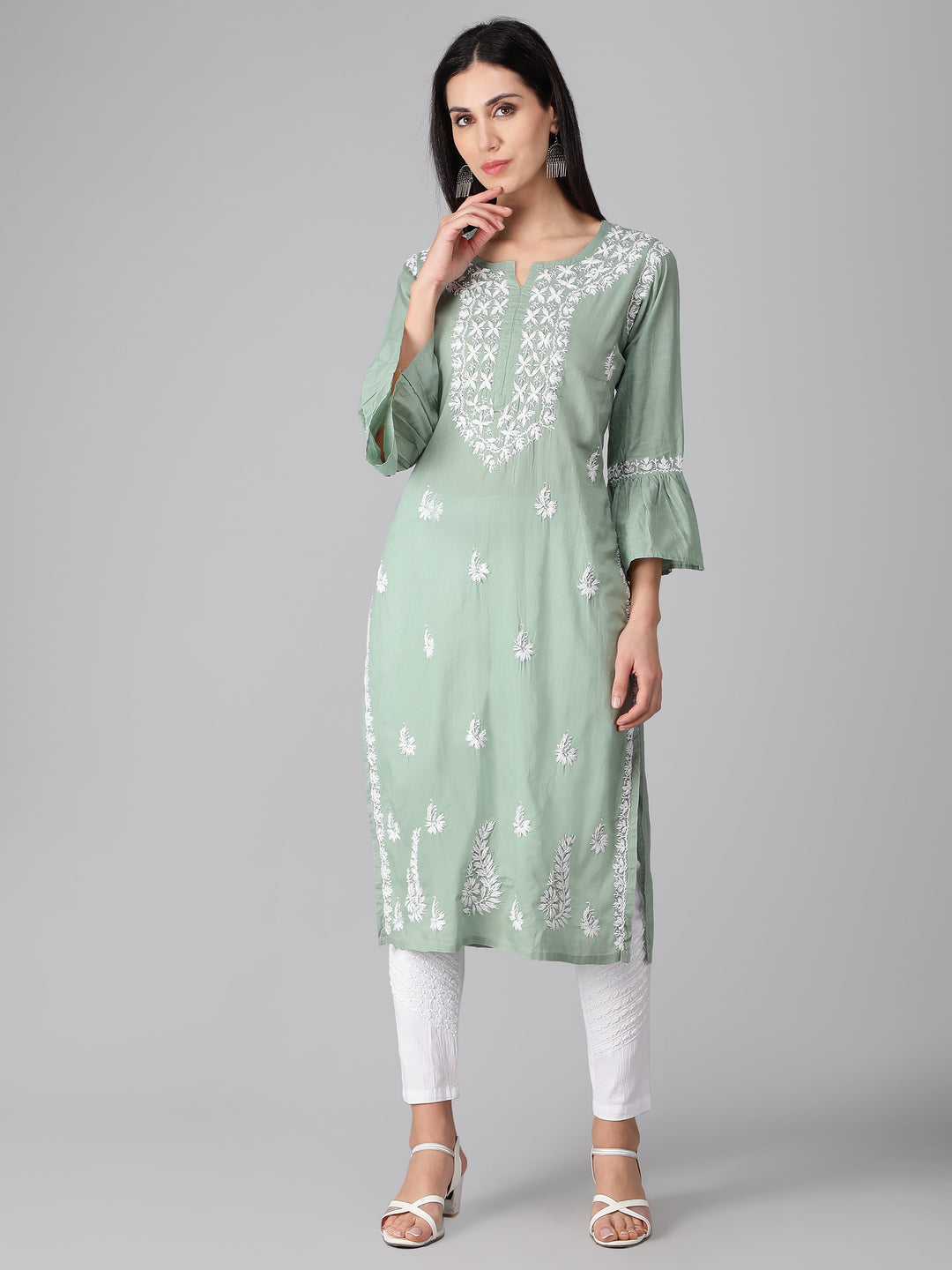 Chikankari-Sage-Green-Cotton-Kurta-Kurti