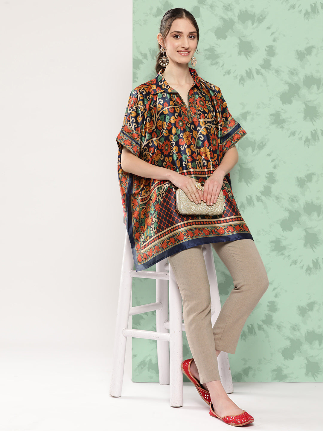 Printed Kimono Sleeve Kaftan Longline Top