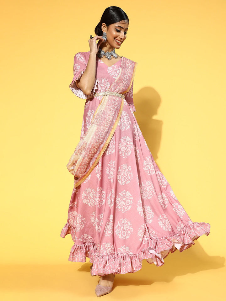 Pink-&-White-Ethnic-Ruffles-Dupatta-Dress-9603DRSPK