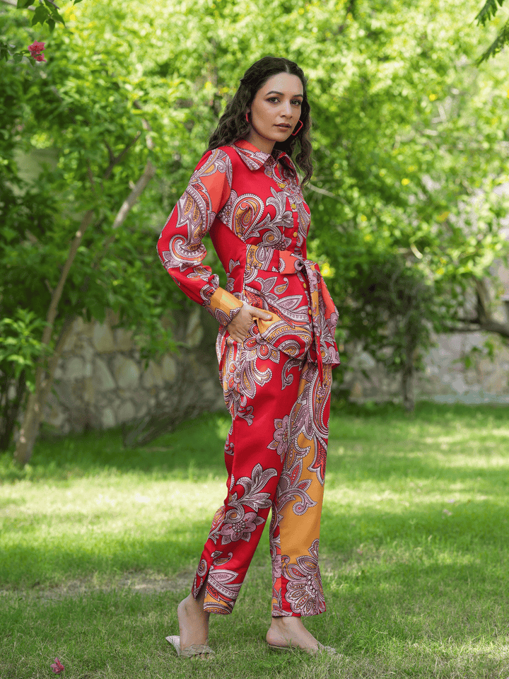 Red & Yellow Printed Satin Shirt With Trousers Co-Ords