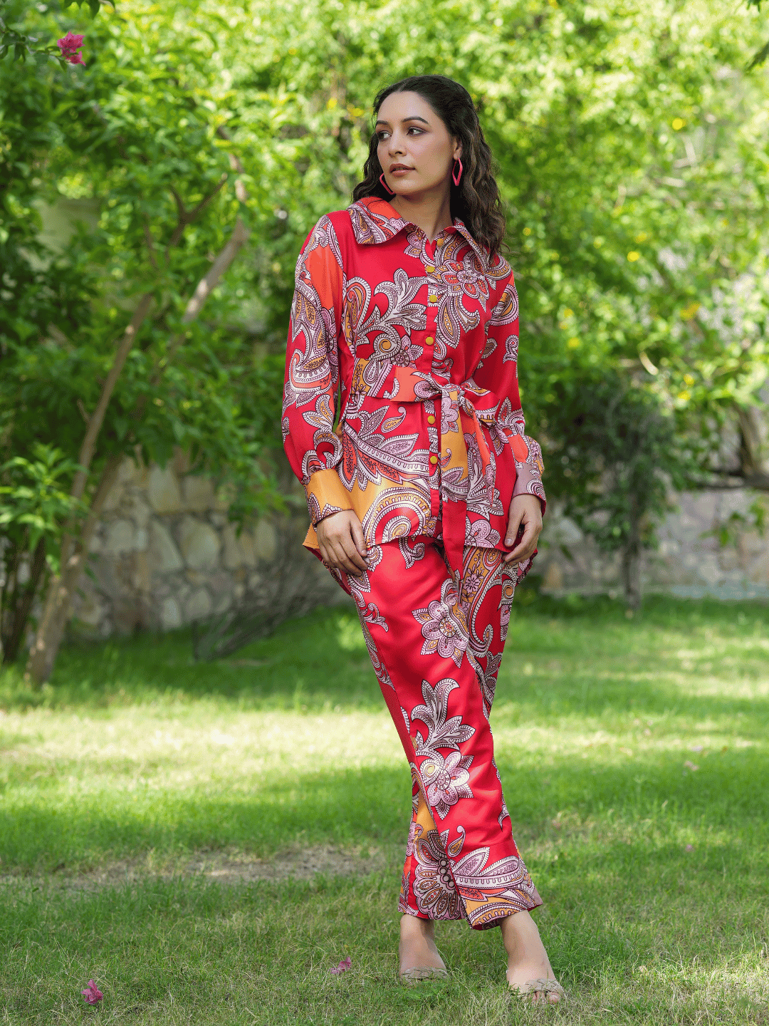 Red & Yellow Printed Satin Shirt With Trousers Co-Ords
