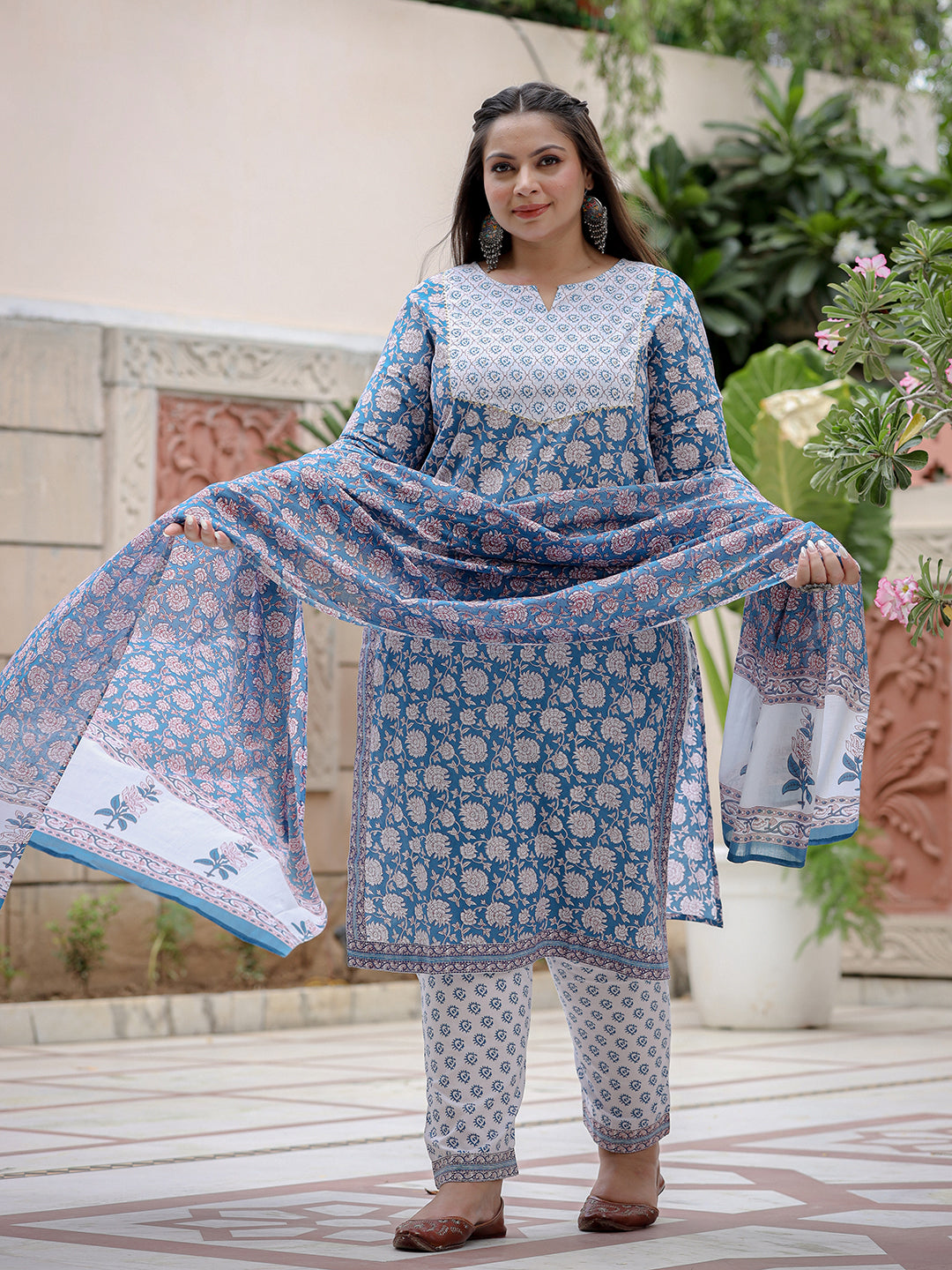 Floral-Printed-Sequinned-Pure-Cotton-Kurta-&-Trousers-With-Dupatta-9421PSKDBL
