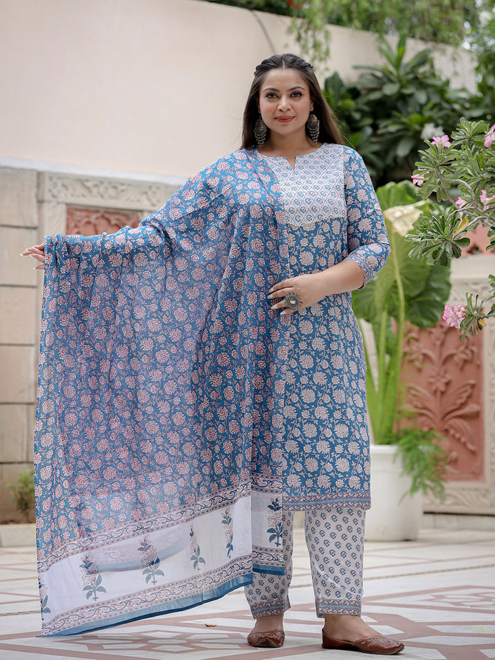 Floral-Printed-Sequinned-Pure-Cotton-Kurta-&-Trousers-With-Dupatta-9421PSKDBL
