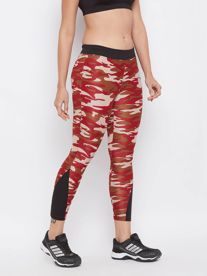 Maroon Camouflage Print Ankle-Length Tights