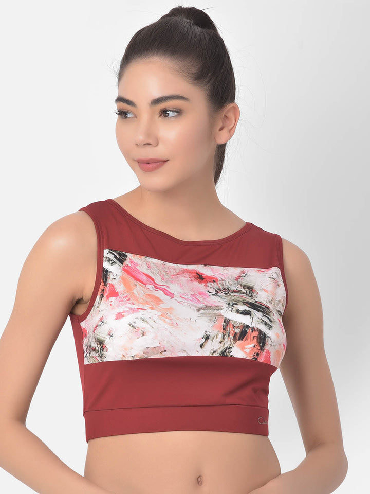 Maroon Comfort-Fit Marble Print Crop Top