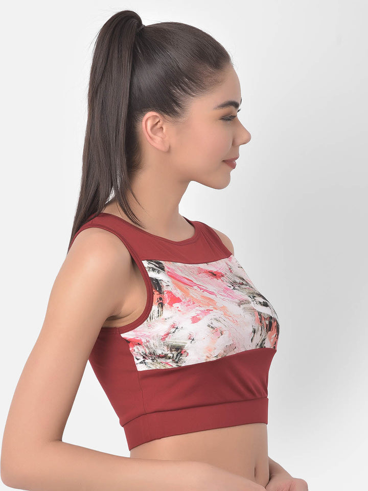 Maroon Comfort-Fit Marble Print Crop Top