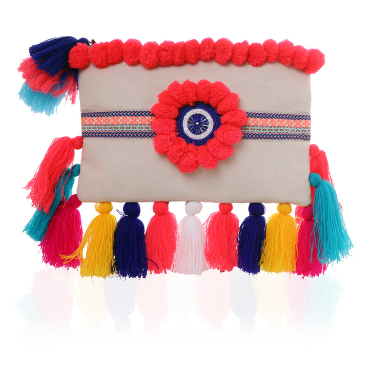 All Things Boho Clutch with Multicolor Tassels