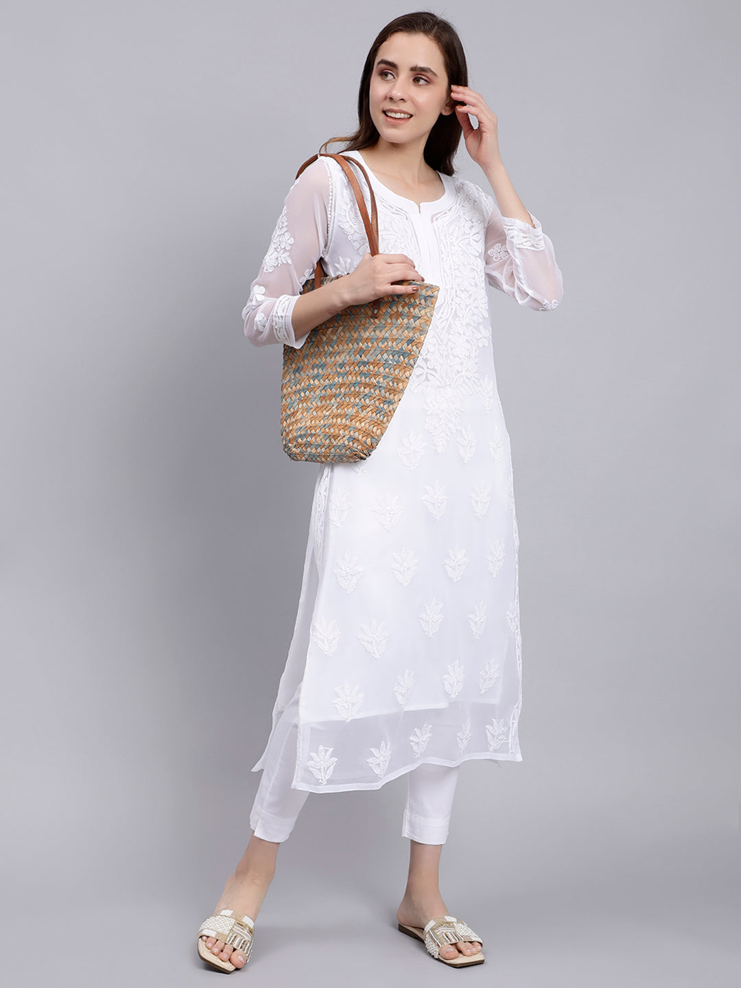 Angel White Georgette Chikankari Kurti with Slip