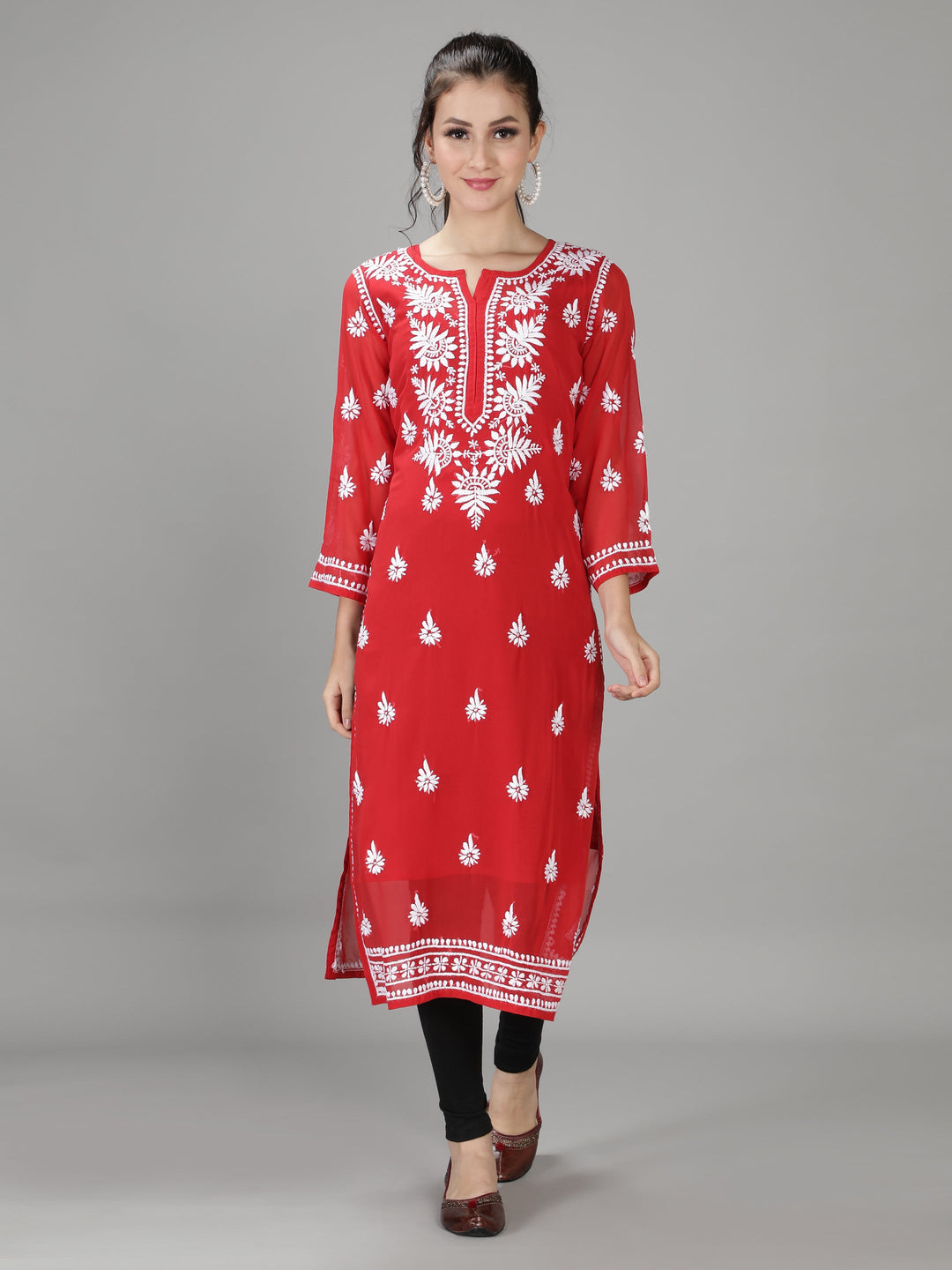 Apple Red Georgette Chikan Kurta & Inner Slip