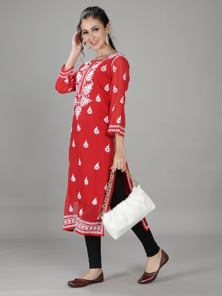 Apple Red Georgette Chikan Kurta & Inner Slip