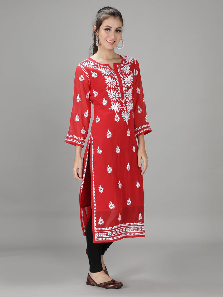 Apple Red Georgette Chikan Kurta & Inner Slip