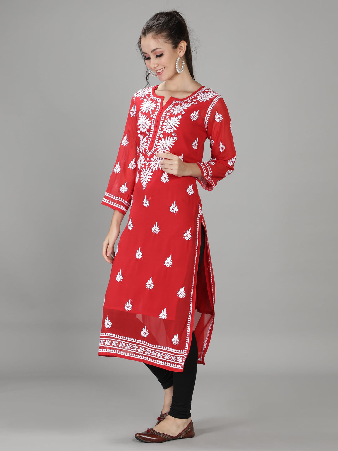 Apple Red Georgette Chikan Kurta & Inner Slip