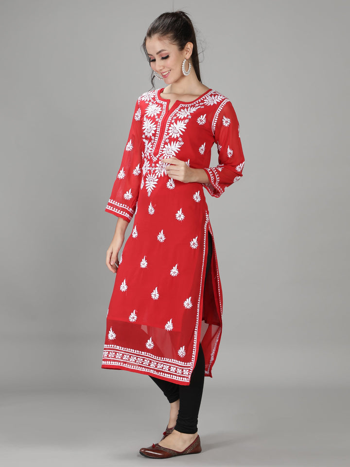 Apple Red Georgette Chikan Kurta & Inner Slip