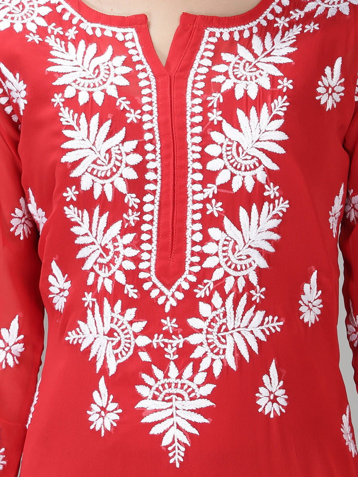 Apple Red Georgette Chikan Kurta & Inner Slip
