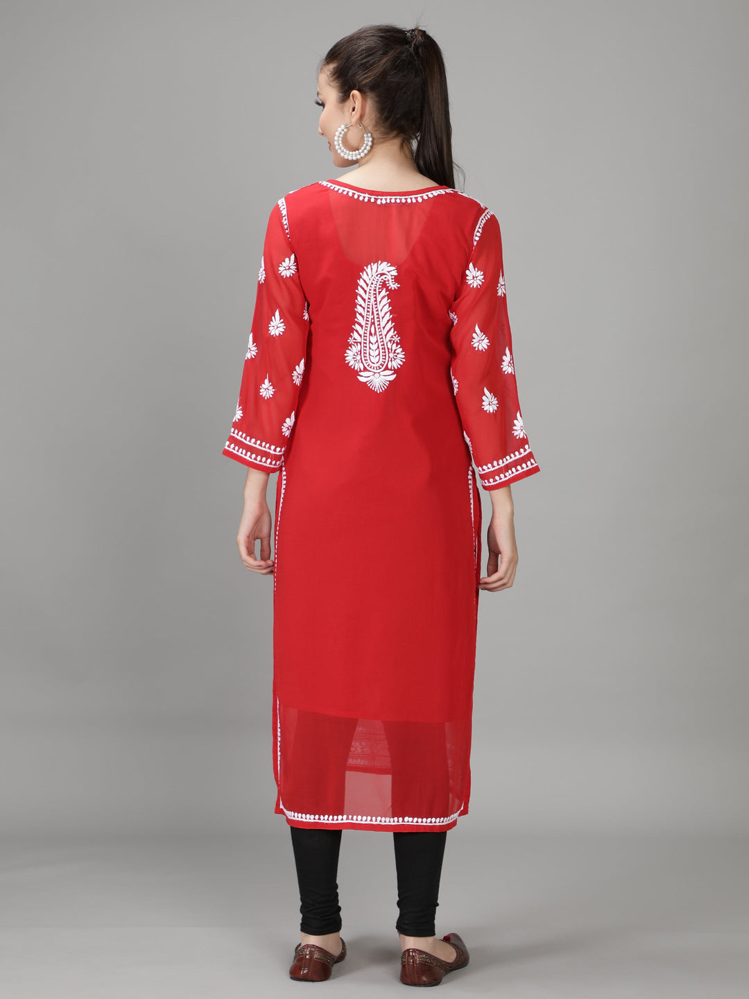 Apple Red Georgette Chikan Kurta & Inner Slip