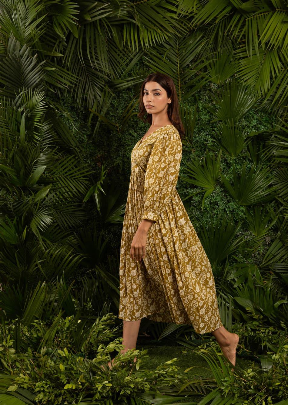 Army Green Body Wrap Gathered Dress