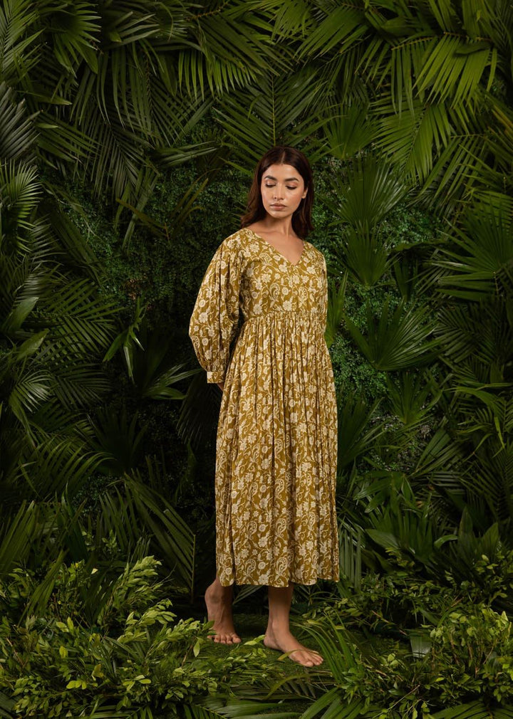 Army Green Body Wrap Gathered Dress