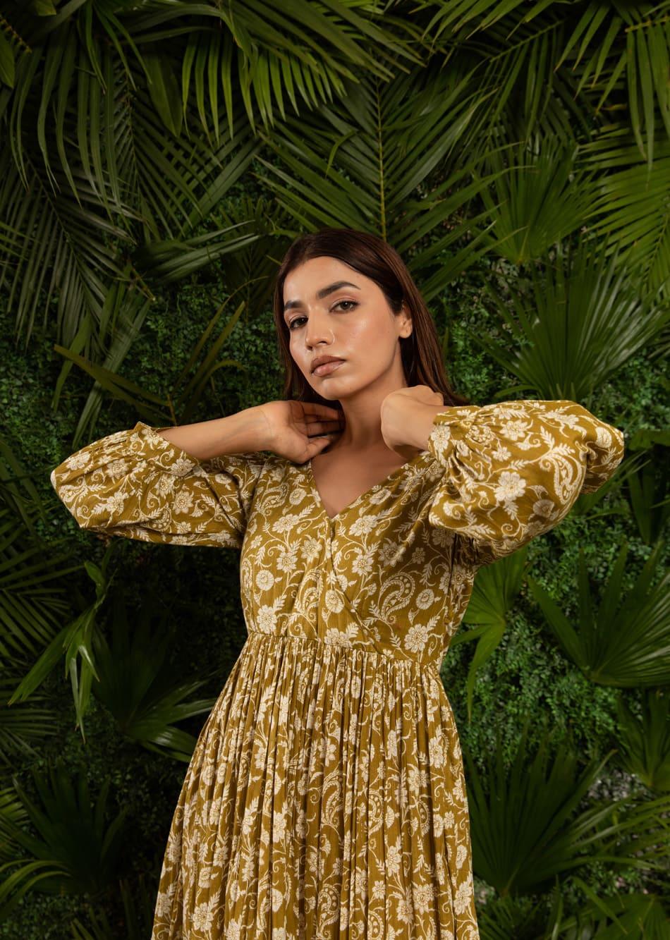 Army Green Body Wrap Gathered Dress