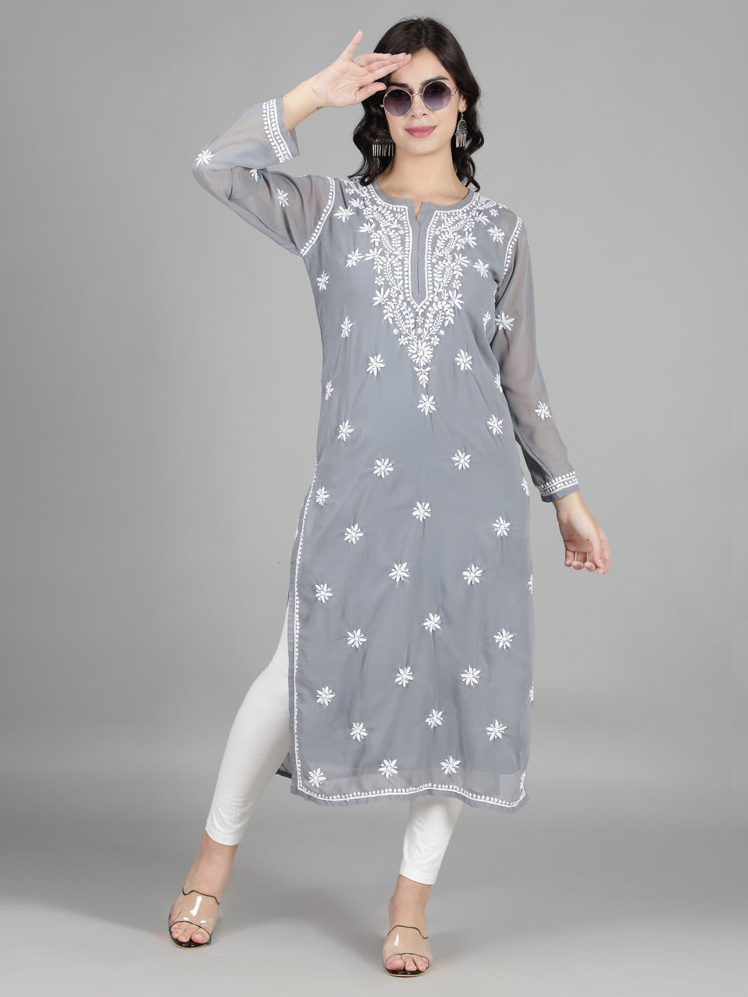 Ash Grey Georgette Chikan Kurta & Inner Slip
