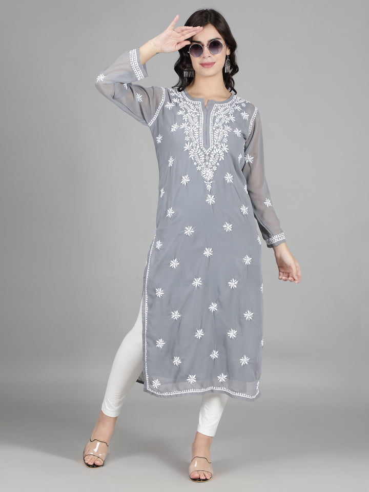 Ash Grey Georgette Chikan Kurta & Inner Slip