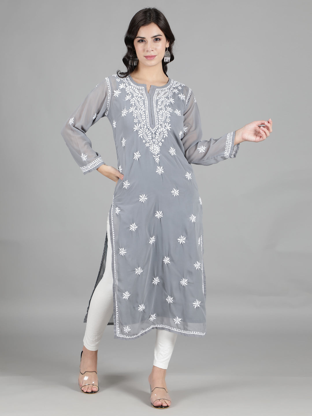 Ash Grey Georgette Chikan Kurta & Inner Slip