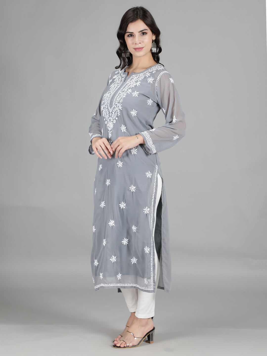 Ash Grey Georgette Chikan Kurta & Inner Slip