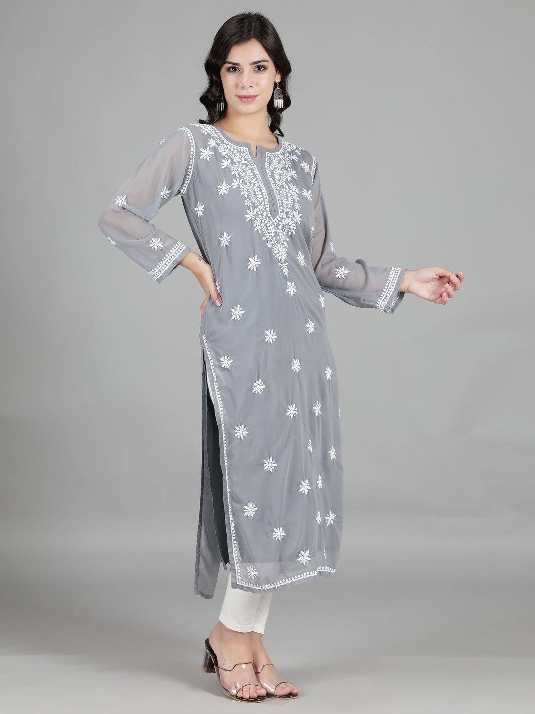 Ash Grey Georgette Chikan Kurta & Inner Slip
