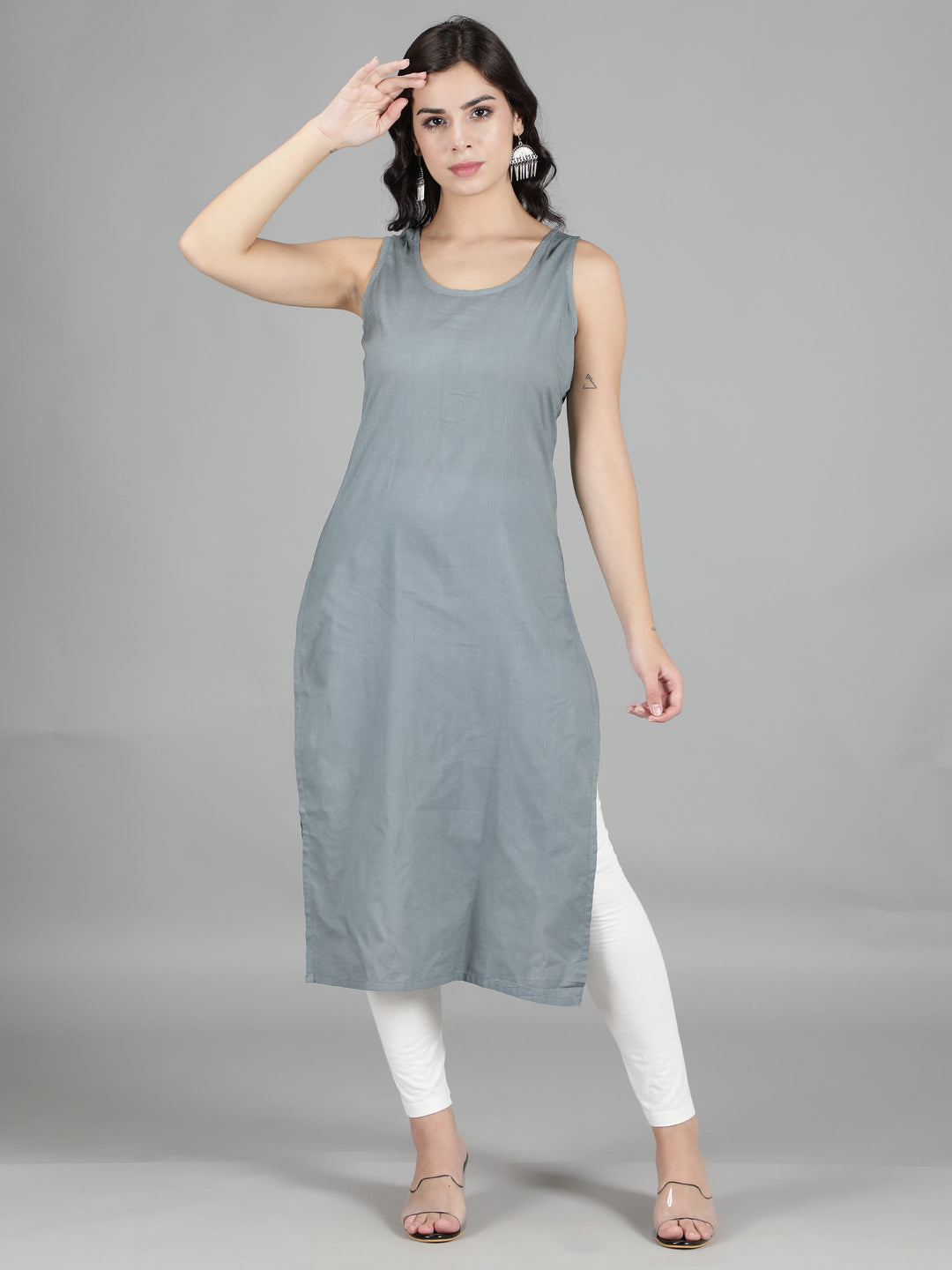 Ash Grey Georgette Chikan Kurta & Inner Slip