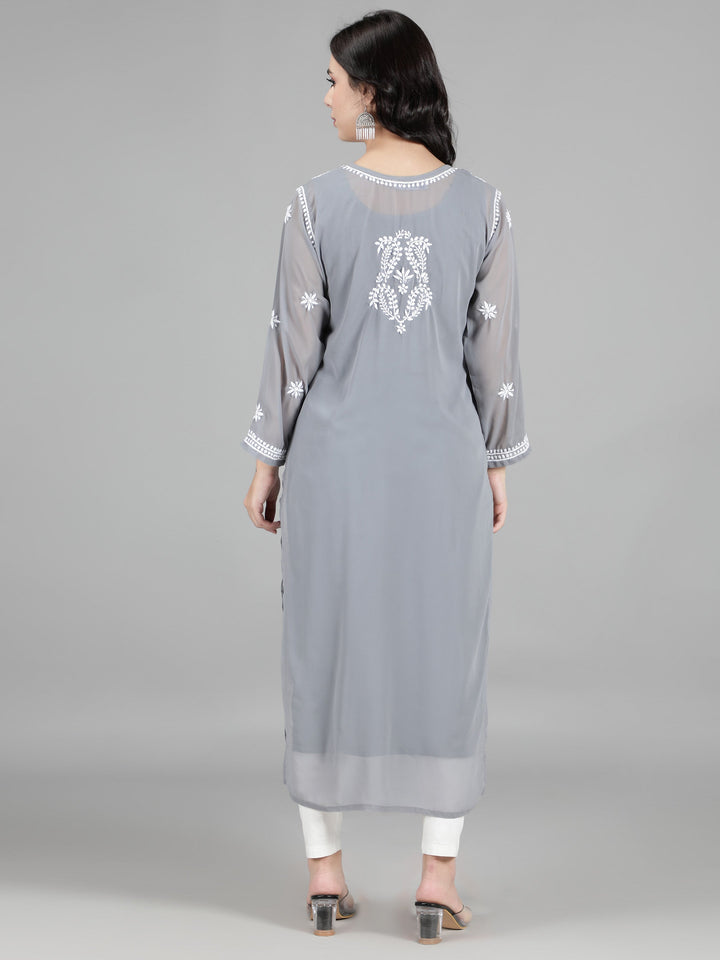 Ash Grey Georgette Chikan Kurta & Inner Slip