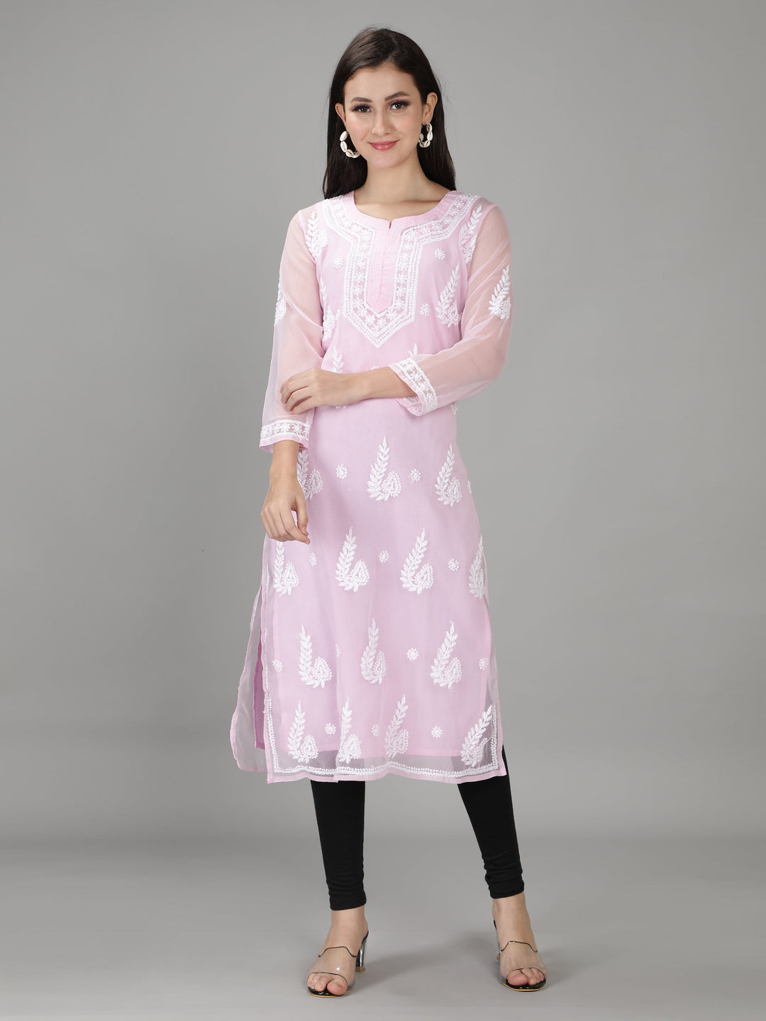 Baby Pink Georgette Chikan Kurta & Inner Slip