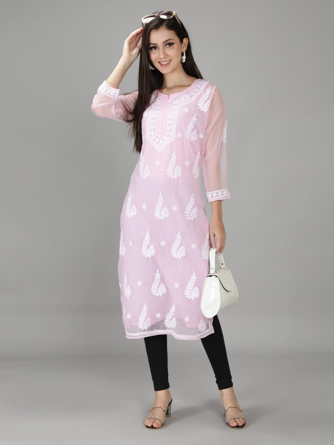 Baby Pink Georgette Chikan Kurta & Inner Slip